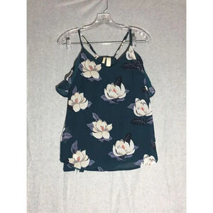 Womens Japna Tank Top Blouse Size Small Green Floral Ruffle Sleeve Layering
